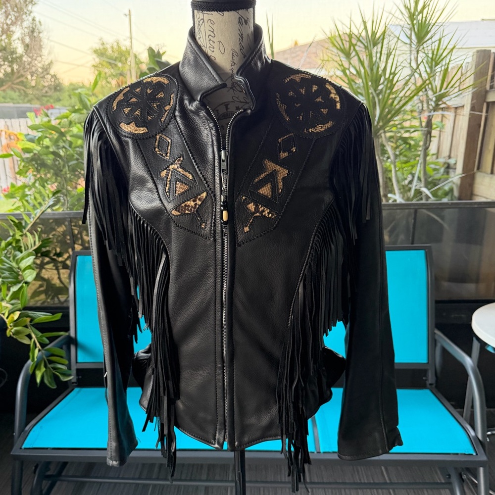 Vintage U.S. Made.co Black Leather Fringe Jacket size medium